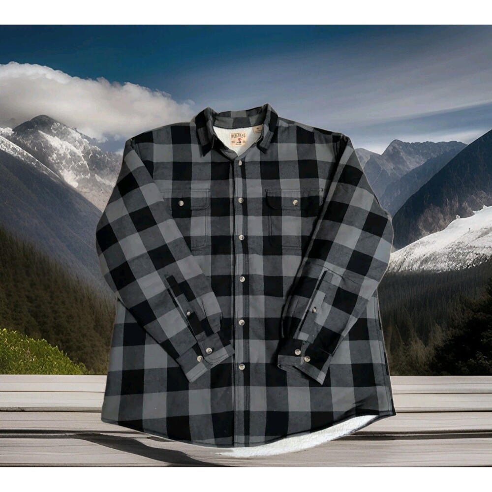BASS PRO REDHEAD SHERPA LINED BLACK GRAY PLAID FLANNEL SHACKET MENS XL EUC